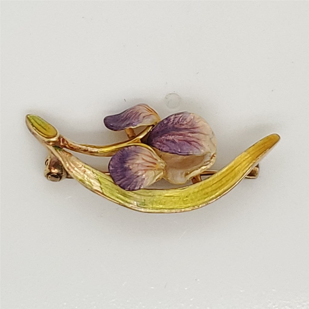 Art Nouveau 14kt yellow gold  enamel brooch