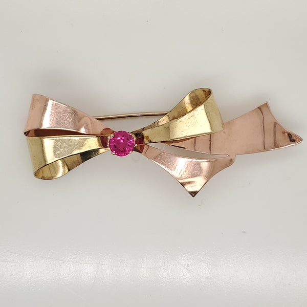 Retro Period 14Kt Green and Rose Gold Ruby Bow Brooch