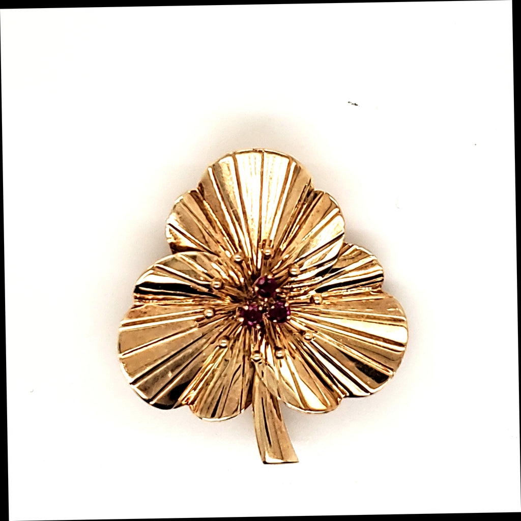 Vintage 14kt Yellow Gold Ruby Flower Brooch