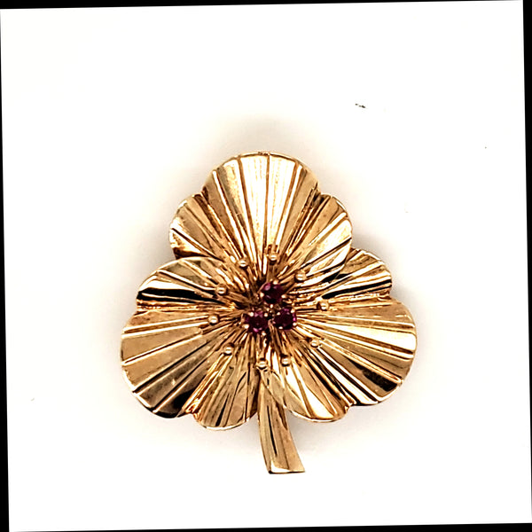 Vintage 14kt Yellow Gold Ruby Flower Brooch