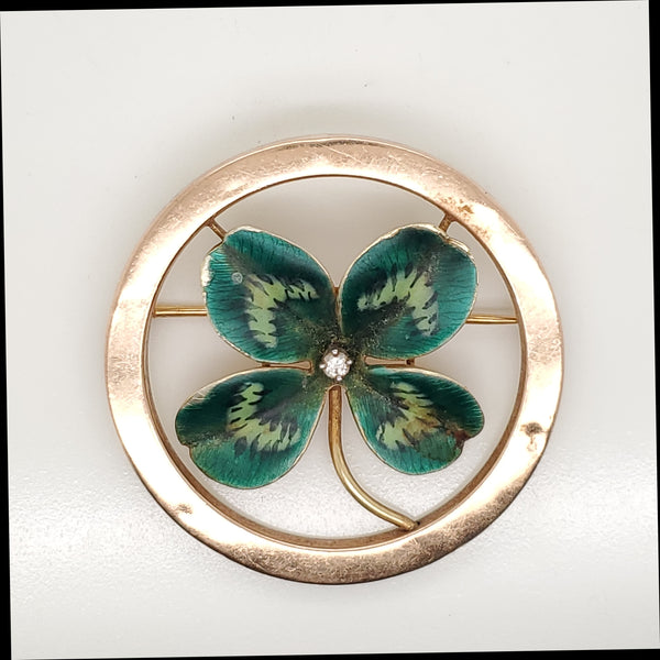 Vintage 14kt Yellow Gold Enamel and Diamond Four Leaf Clover Brooch