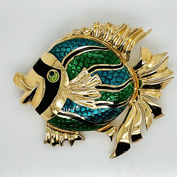 Signed Susy Mor Vintage 18kt Yellow Gold and Enamel Fish Brooch/Pendant