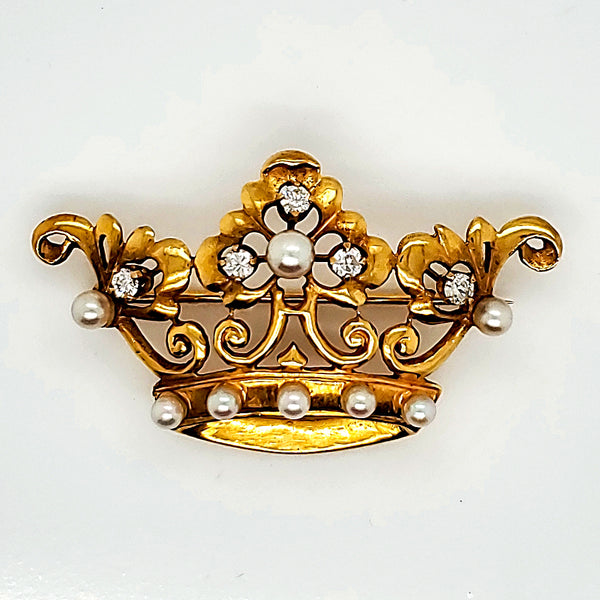 Vintage 14kt Yellow Gold Diamond and Pearl Crown Brooch