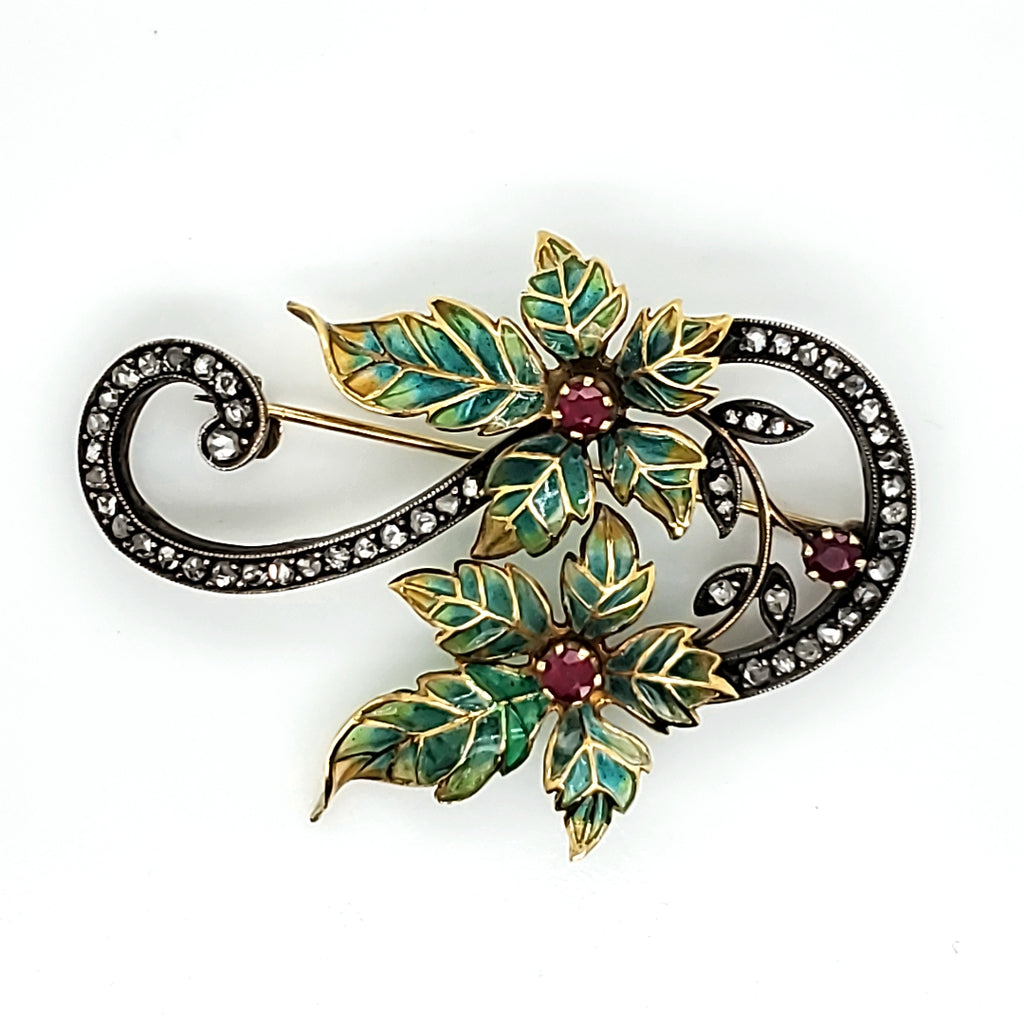 Silver on 18Kt Yellow Gold Diamond And Ruby Plique a Jour Enamel Brooch