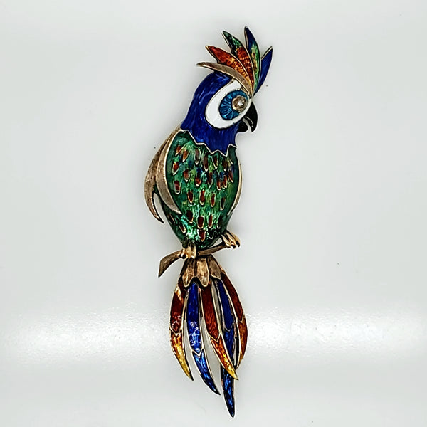 Vintage 14kt Yellow Gold and Diamond Enamel Parrot Brooch