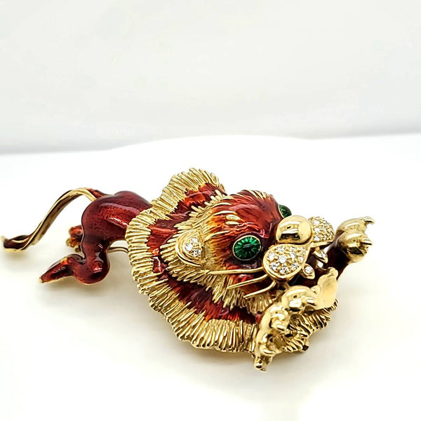 Vintage Hammerman Brother 18kt Yellow Gold Diamond and Enamel Lion Brooch