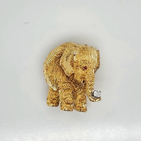 Vintage 18kt Yellow Gold Diamond and Ruby Elephant Brooch