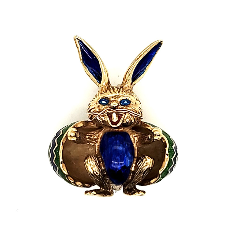 Vintage 14kt Yellow Gold Enamel Easter Bunny Brooch