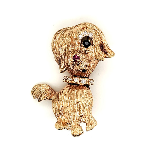 Vintage14kt Yellow Gold Diamond Sapphire and Ruby Dog Brooch