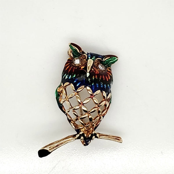 Vintage 14Kt Yellow Gold Enamel Owl Brooch With Diamond Eyes