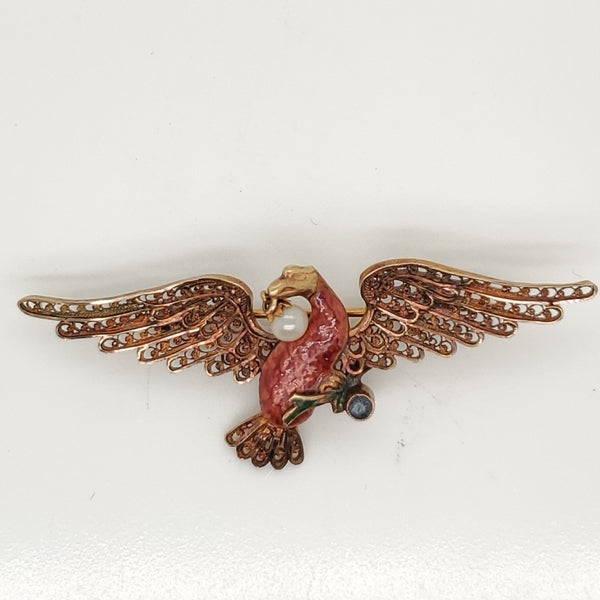 Antique Victorian 18Kt Yellow Gold Pearl Sapphire And Natural Pearl Eagle Brooch