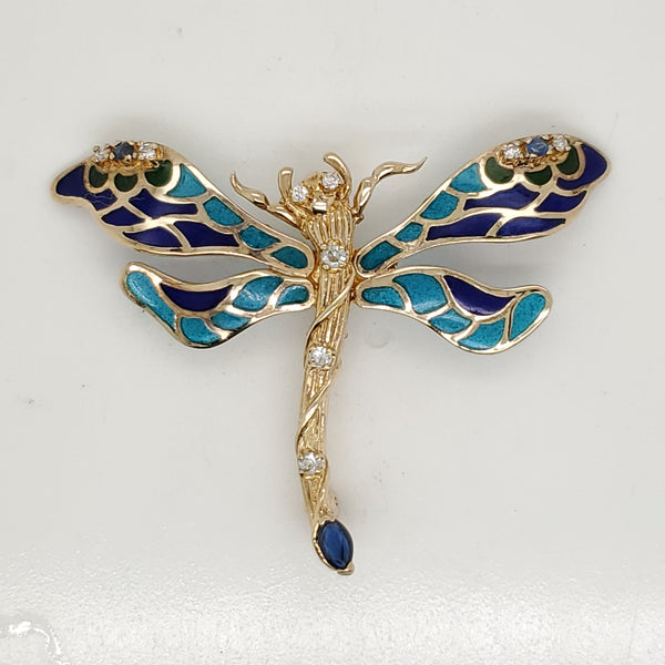 14kt Yellow Gold Faberge Plique a Jour Dragon Fly Brooch