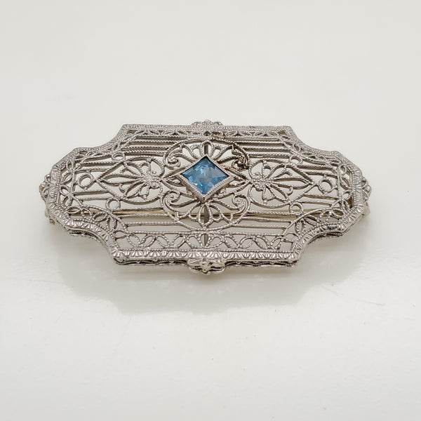 Art Deco 14kt White Gold Aquamarine Filigree Brooch