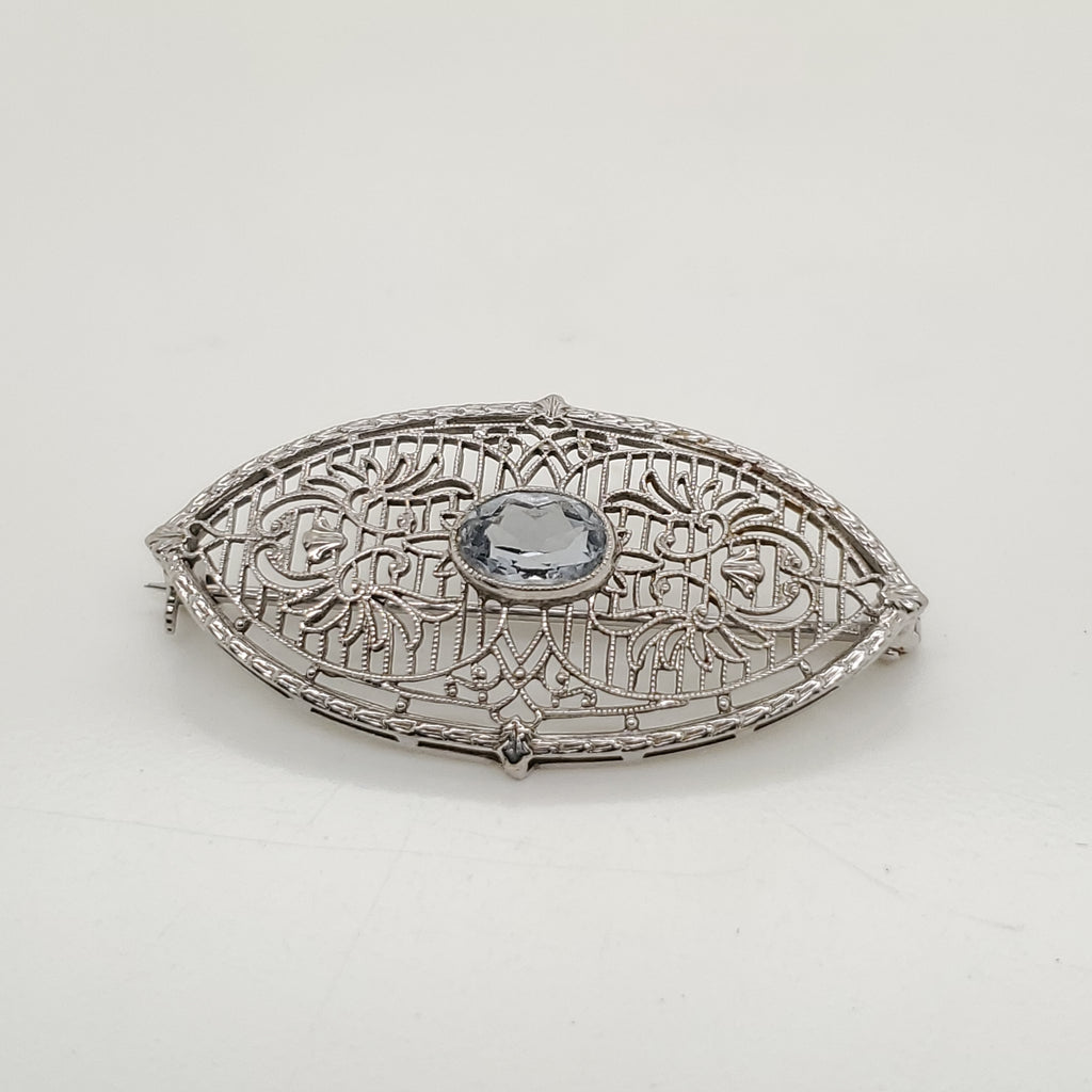 Art Deco 10kt White Gold and Blue Topaz Brooch