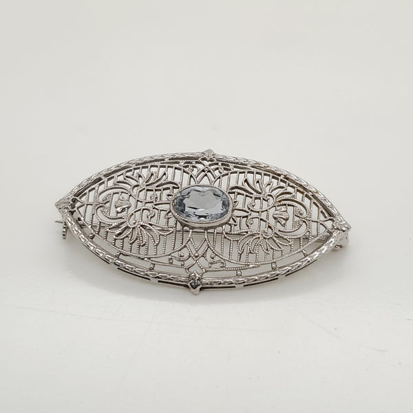 Art Deco 10kt White Gold and Blue Topaz Brooch