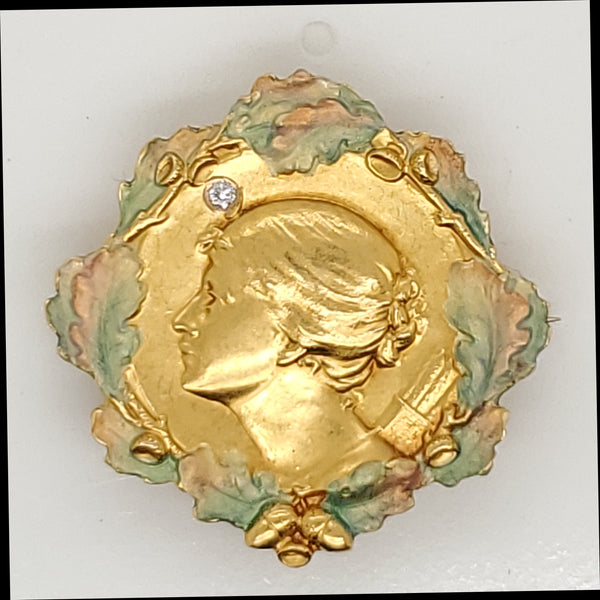 Antique Art Nouveau 14kt Yellow Gold Enamel Brooch
