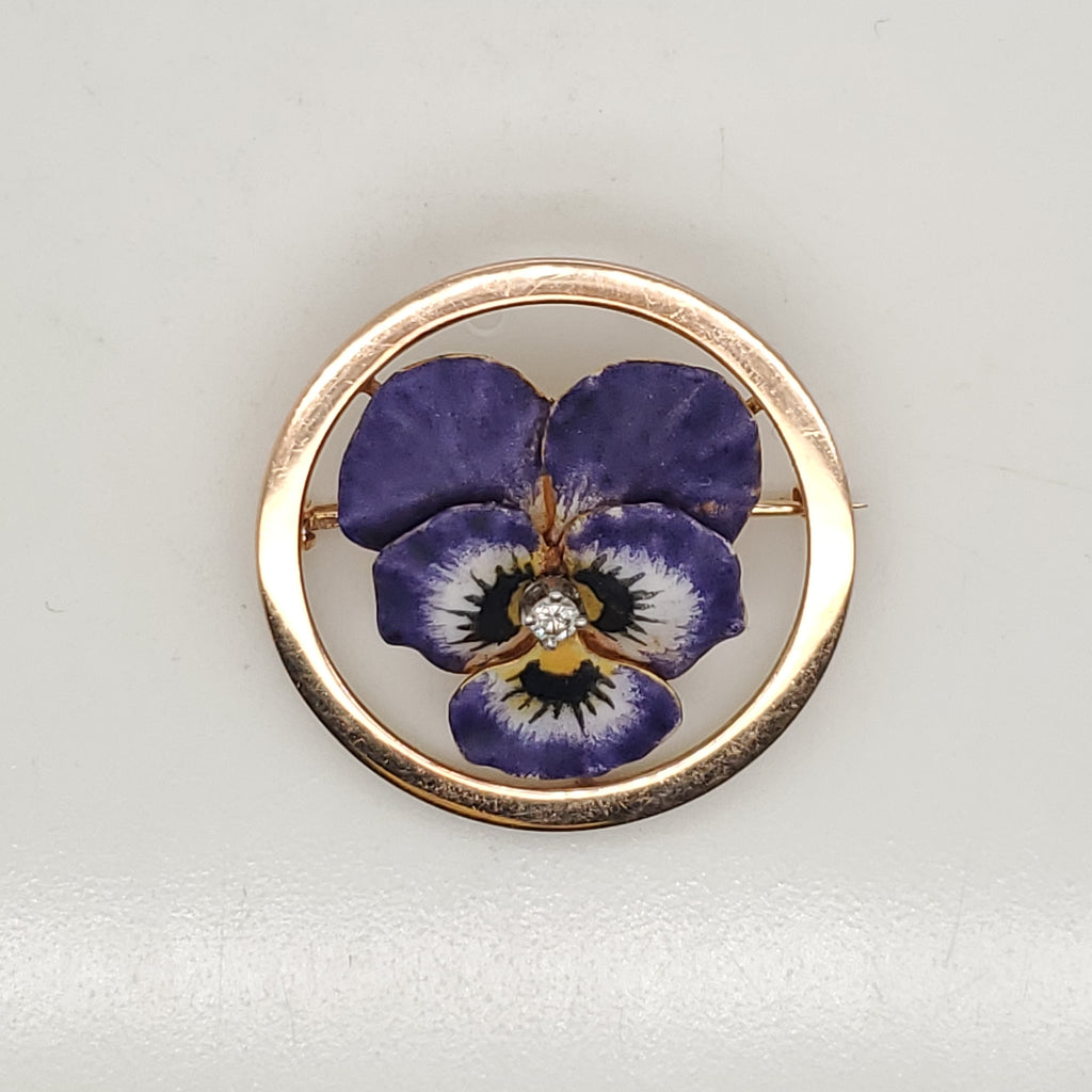 Vintage 14kt Gold and Diamond Enamel Pansy Brooch