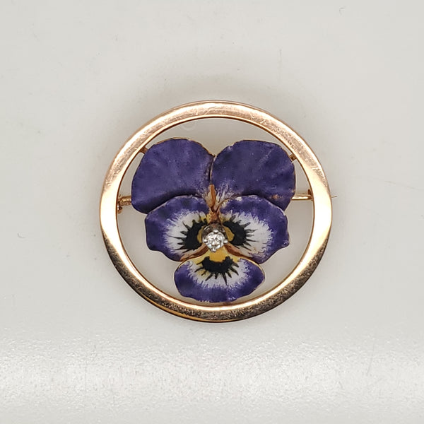 Vintage 14kt Gold and Diamond Enamel Pansy Brooch