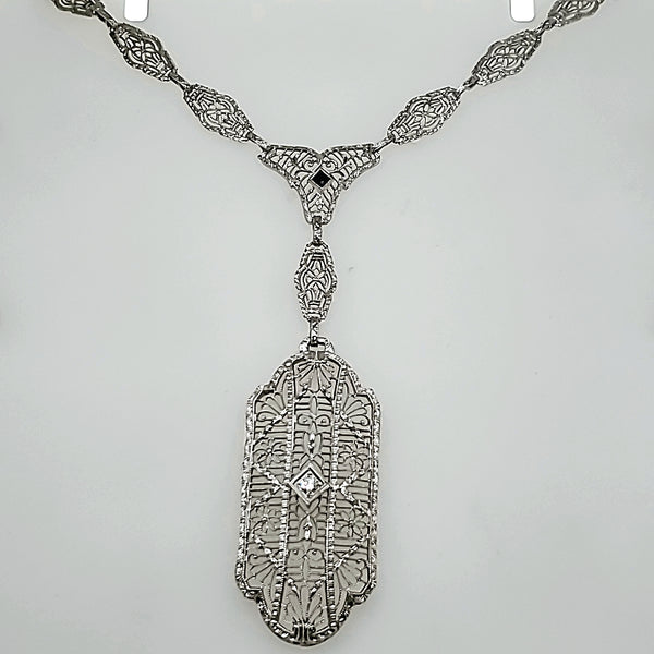 Art Deco 14kt White Gold Filigree Diamond and Sapphire Necklace
