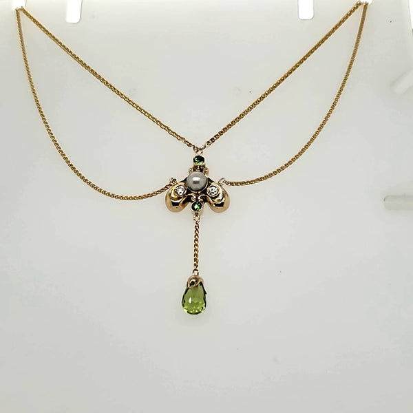 Art Nouveau 14kt Yellow Gold Diamond Demantoid Garnet Pearl and Diamond Festoon Necklace