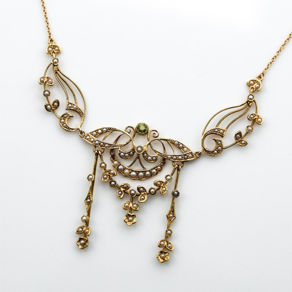 Antique Victorian Peridot and Natural Seed Pearl Festoon Necklace
