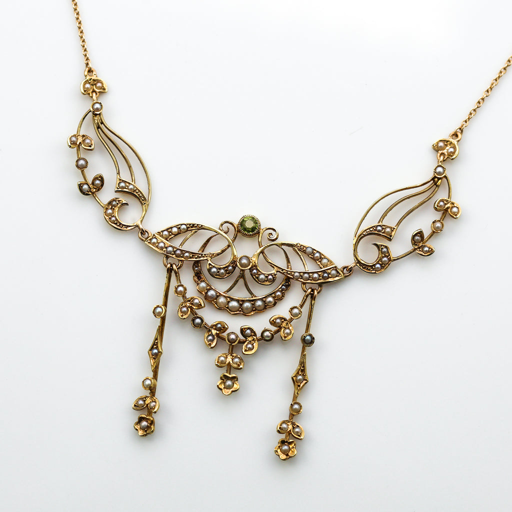 Antique Victorian Peridot and Natural Seed Pearl Festoon Necklace