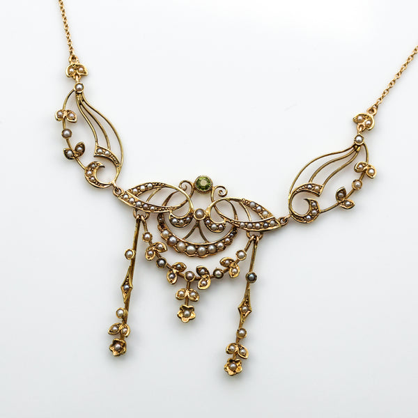 Antique Victorian Peridot and Natural Seed Pearl Festoon Necklace