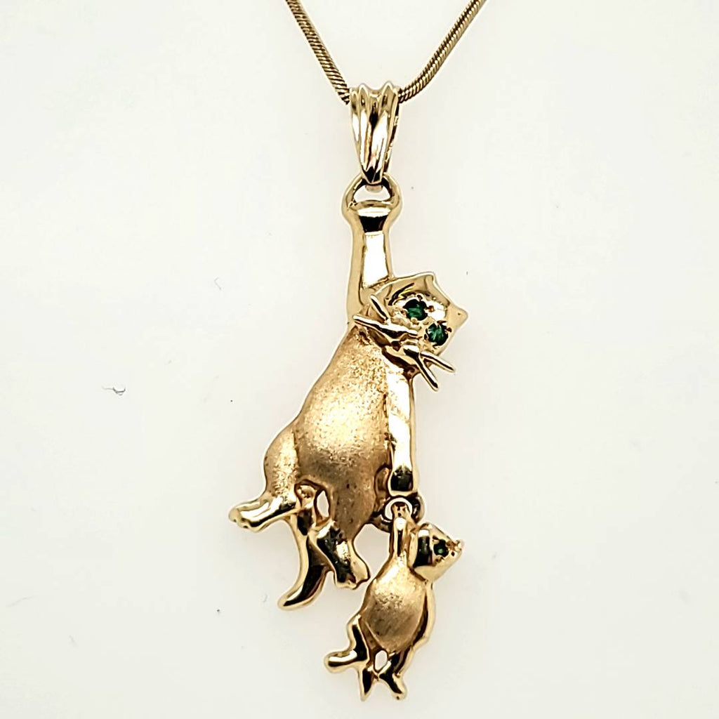 14kt Yellow Gold and Emerald Cat with Kitten Pendant Necklace