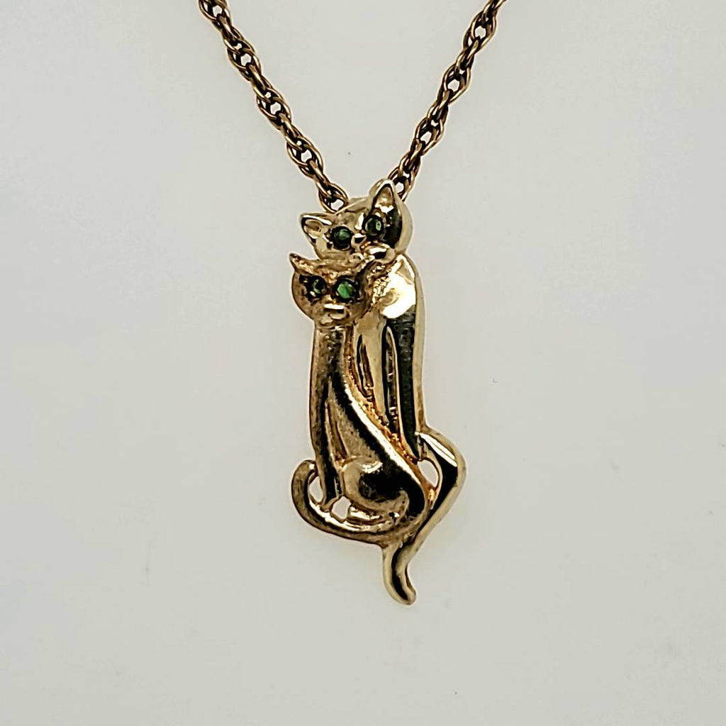 14kt Yellow Gold and Emerald Cat Couple Kitten Pendant Necklace