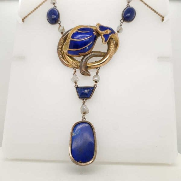 Victorian 14kt Yellow Gold Lapis Pearl and Blue Enamel Neckalce