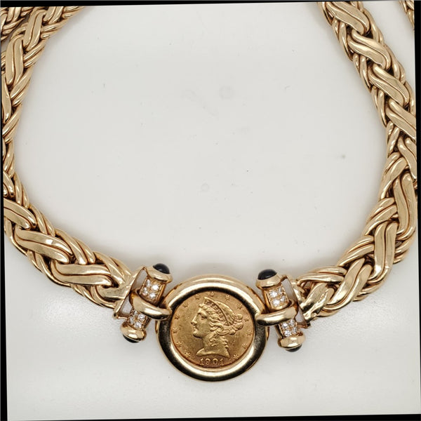 Us 1901 $5 Gold Piece Choker Necklace Set In 14Kt Yellow Gold