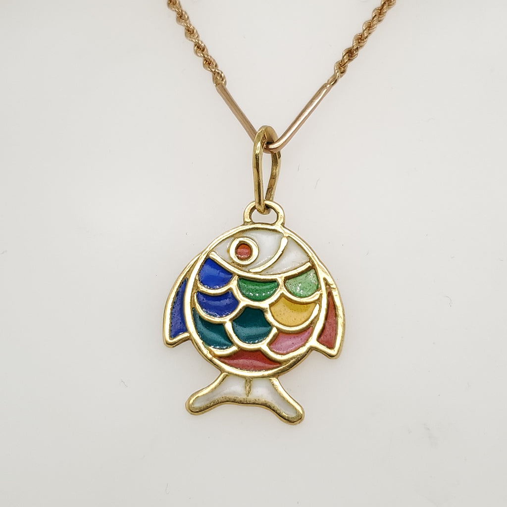 14kt Yellow Gold Plique A Jour Fish Pendant Necklace