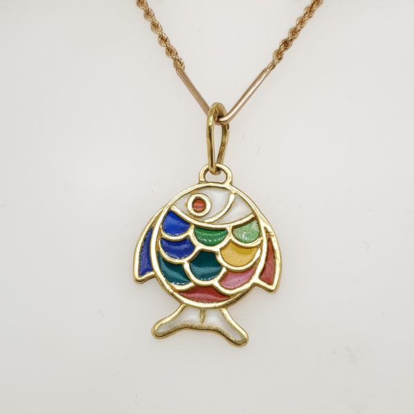 14kt Yellow Gold Plique A Jour Fish Pendant Necklace