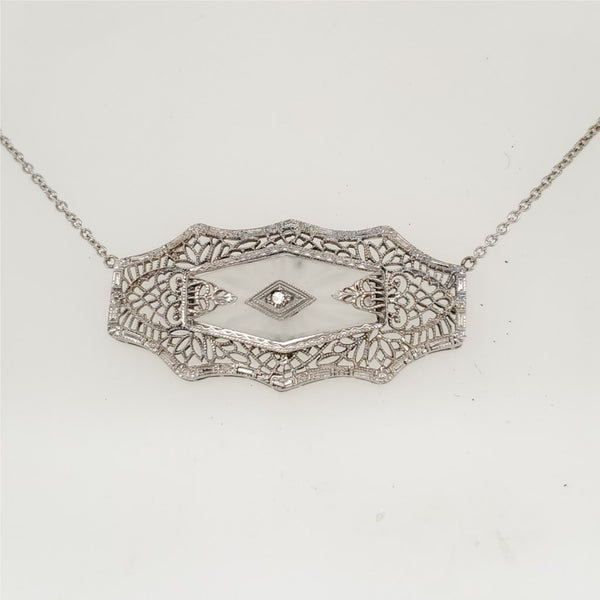 Art Deco 10kt White Gold Camphor Glass and Diamond Necklace