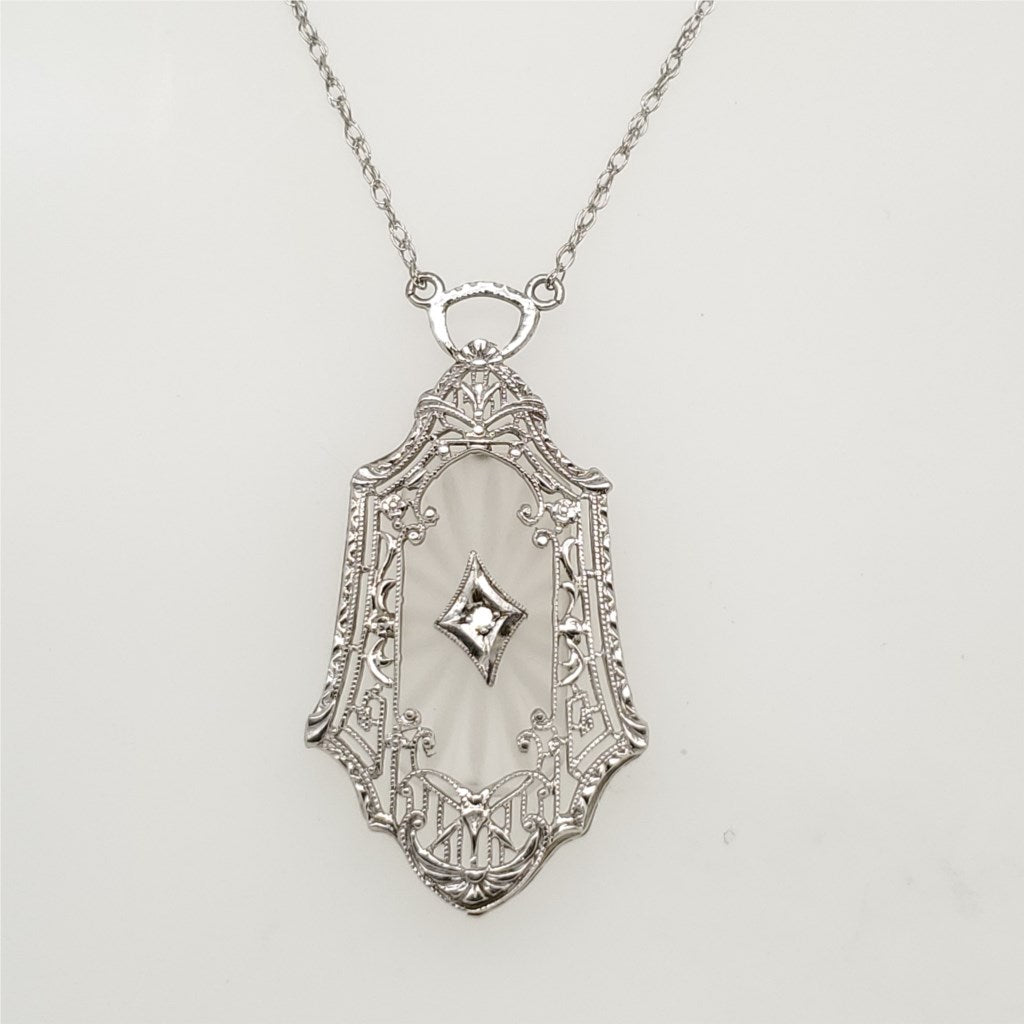 Art Deco 10kt White Gold Camphor Glass and Diamond Pendant Necklace