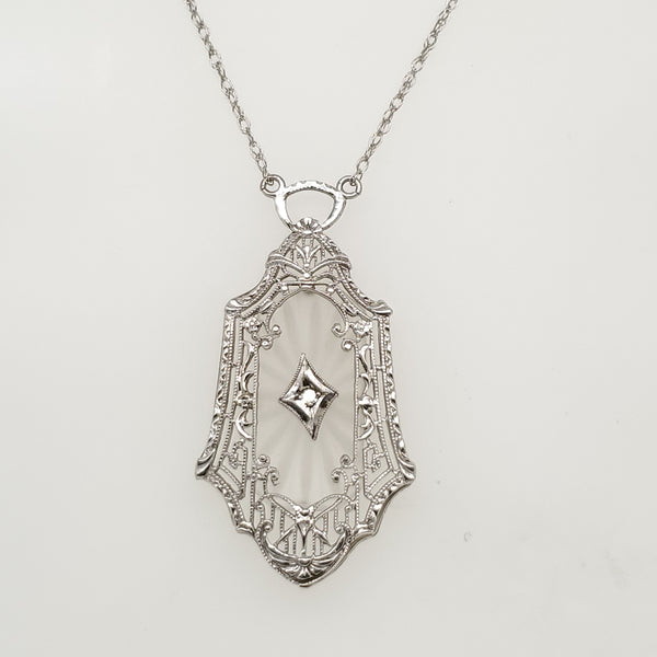 Art Deco 10kt White Gold Camphor Glass and Diamond Pendant Necklace