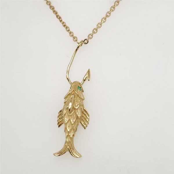 Vintage 18kt Yellow Gold Fish on a Hook Pendant Necklace