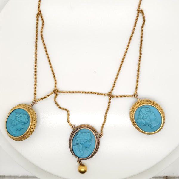 Antique Victorian 18kt Yellow Gold Blue Porcelain Cameo Festoon Necklace