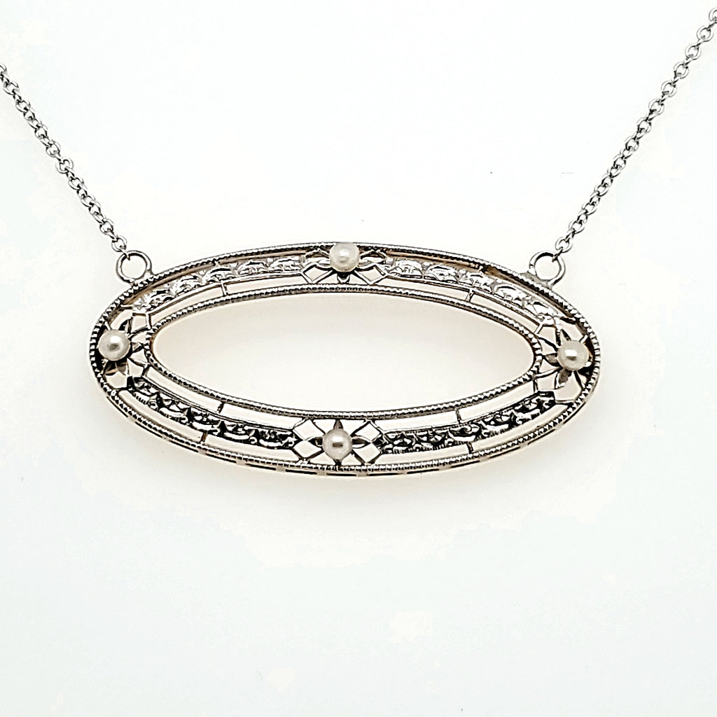 Art Deco 14Kt White Gold And Pearl East/West Oval Necklace