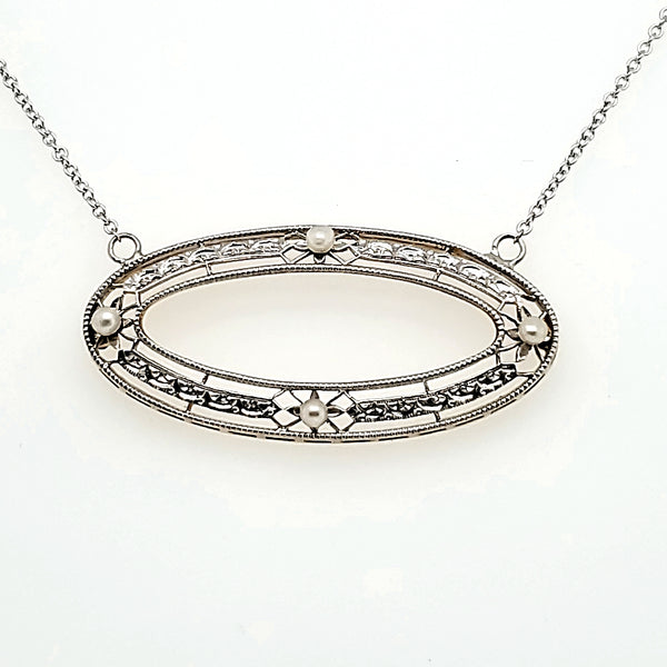 Art Deco 14Kt White Gold And Pearl East/West Oval Necklace
