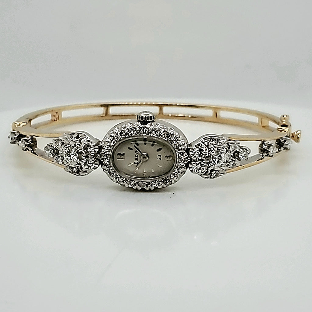 Pre-Owned Vintage 14kt Yellow and White Gold Diamond Bangle Watch