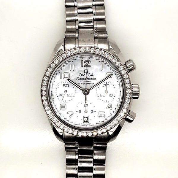 Omega 38mm Speedmaster Stainless Steel Automatic Chronograph Watch With Diamodns