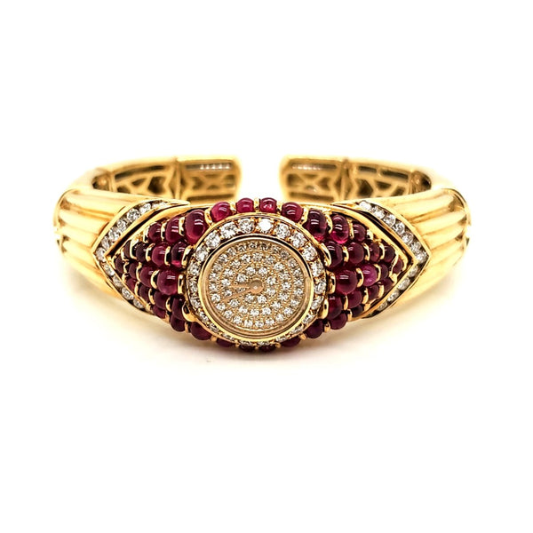 Vintage 18Kt Yellow Gold Cuff Bracelet Watch With Diamonds and Rubies