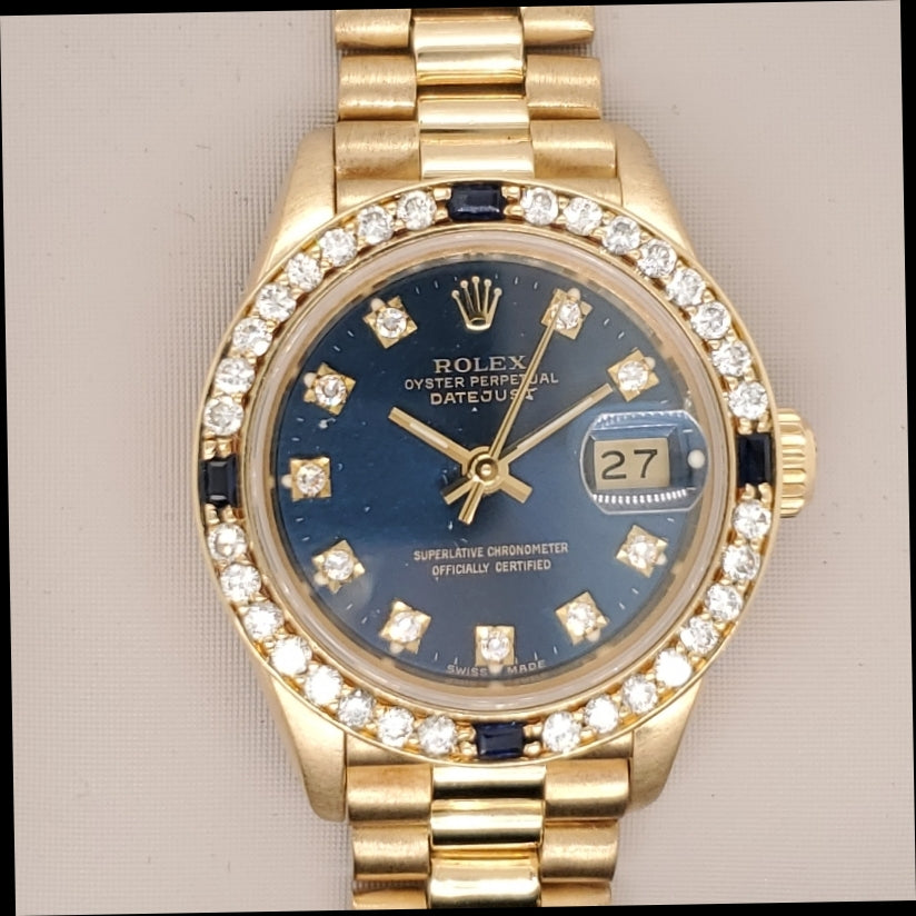 1987 1/2 18kt Yellow Gold Rolex Crown Collection Diamond and Sapphire Watch