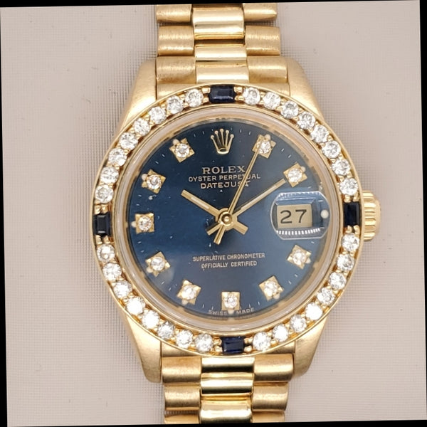 1987 1/2 18kt Yellow Gold Rolex Crown Collection Diamond and Sapphire Watch