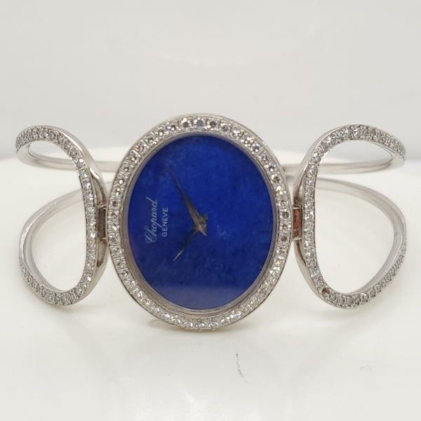 Vintage Chopard 18Kt White Gold and Diamond Bangle Watch With Lapis Dial