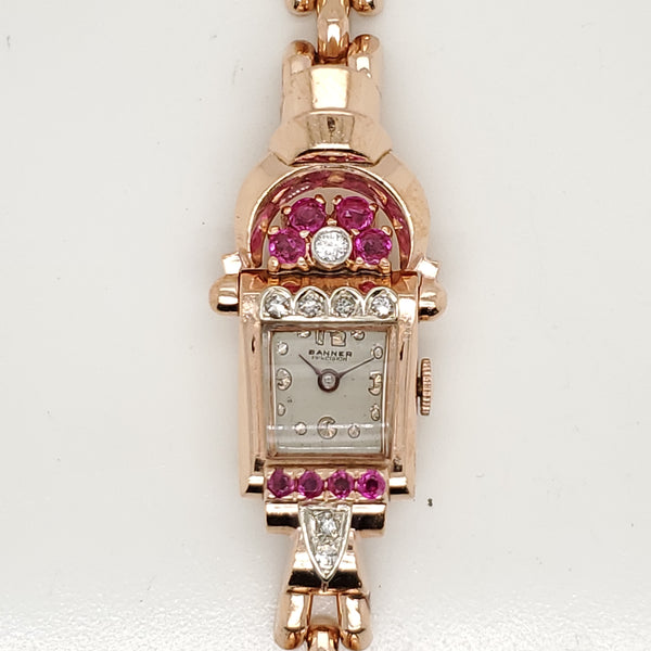 1940s Retro 14Kt Rose Gold And Ruby Watch