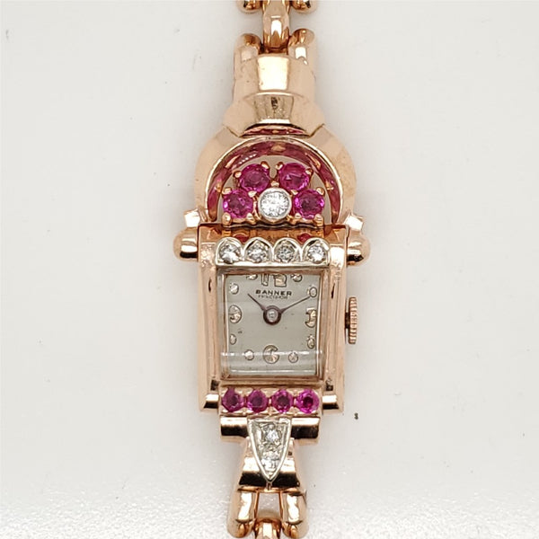 1940s Retro 14Kt Rose Gold And Ruby Watch