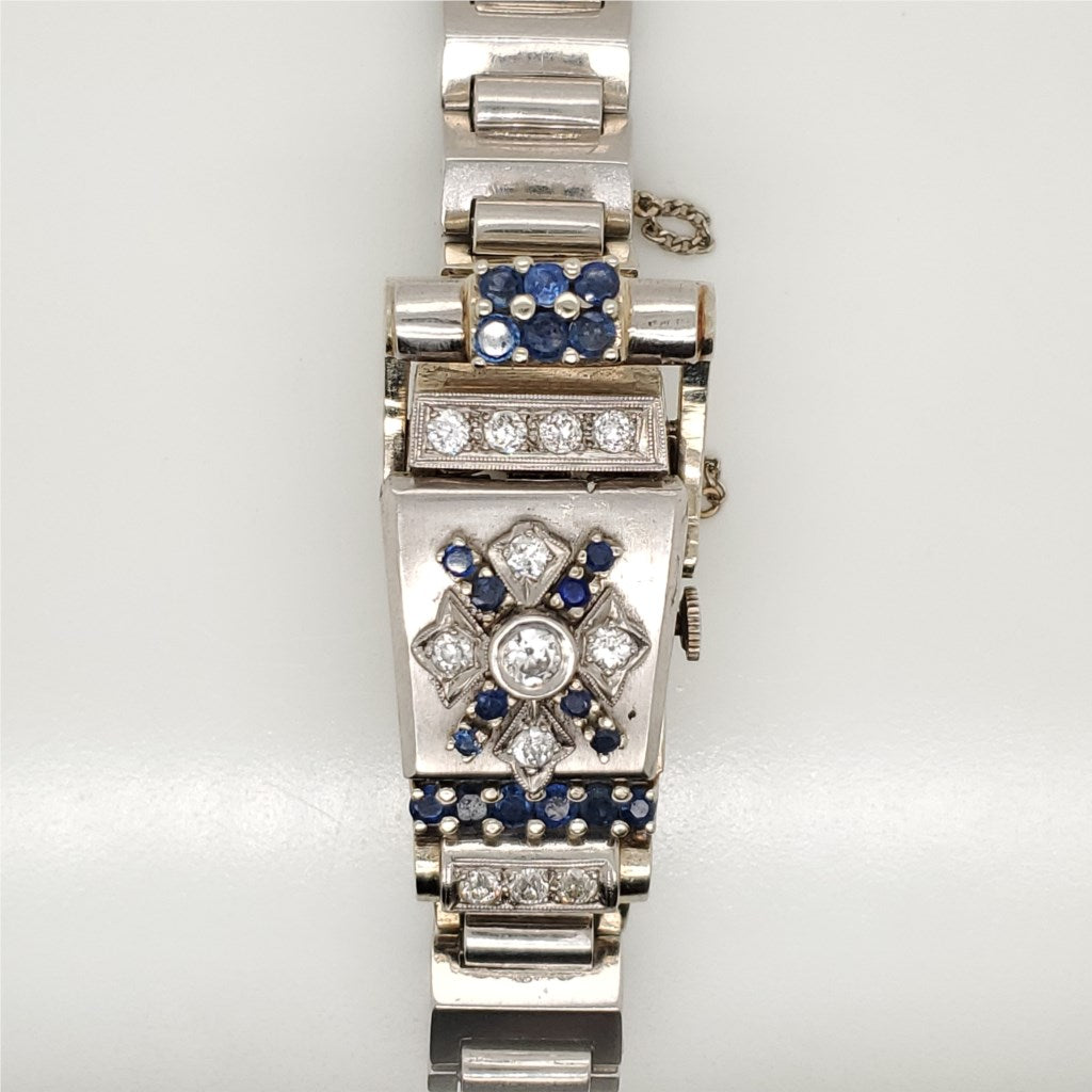 Vintage Retro 14kt White Gold Diamond and Sapphire Flip Top Watch