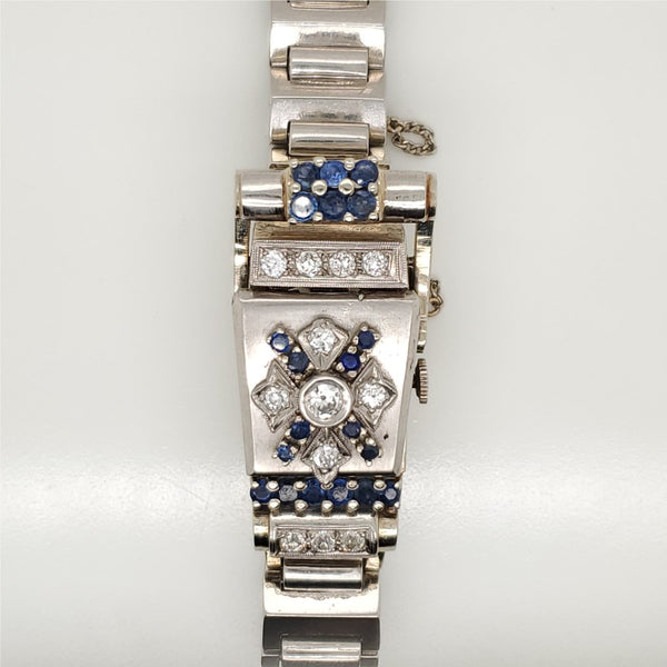 Vintage Retro 14kt White Gold Diamond and Sapphire Flip Top Watch